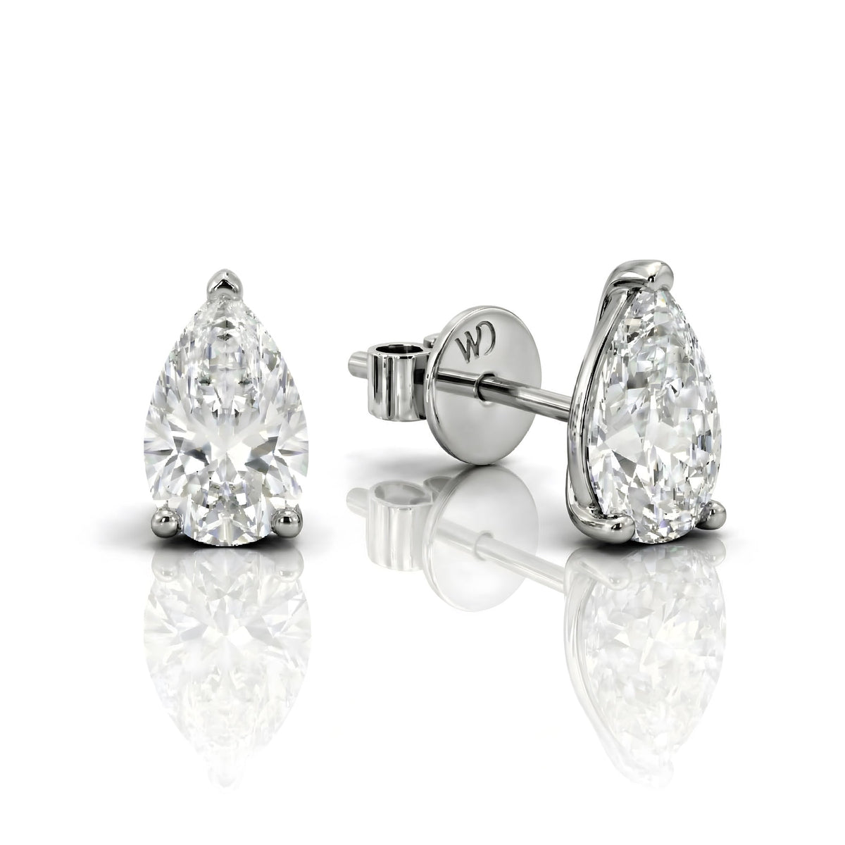 White Drop pear lab-grown diamond stud earrings in 18K white gold on white background