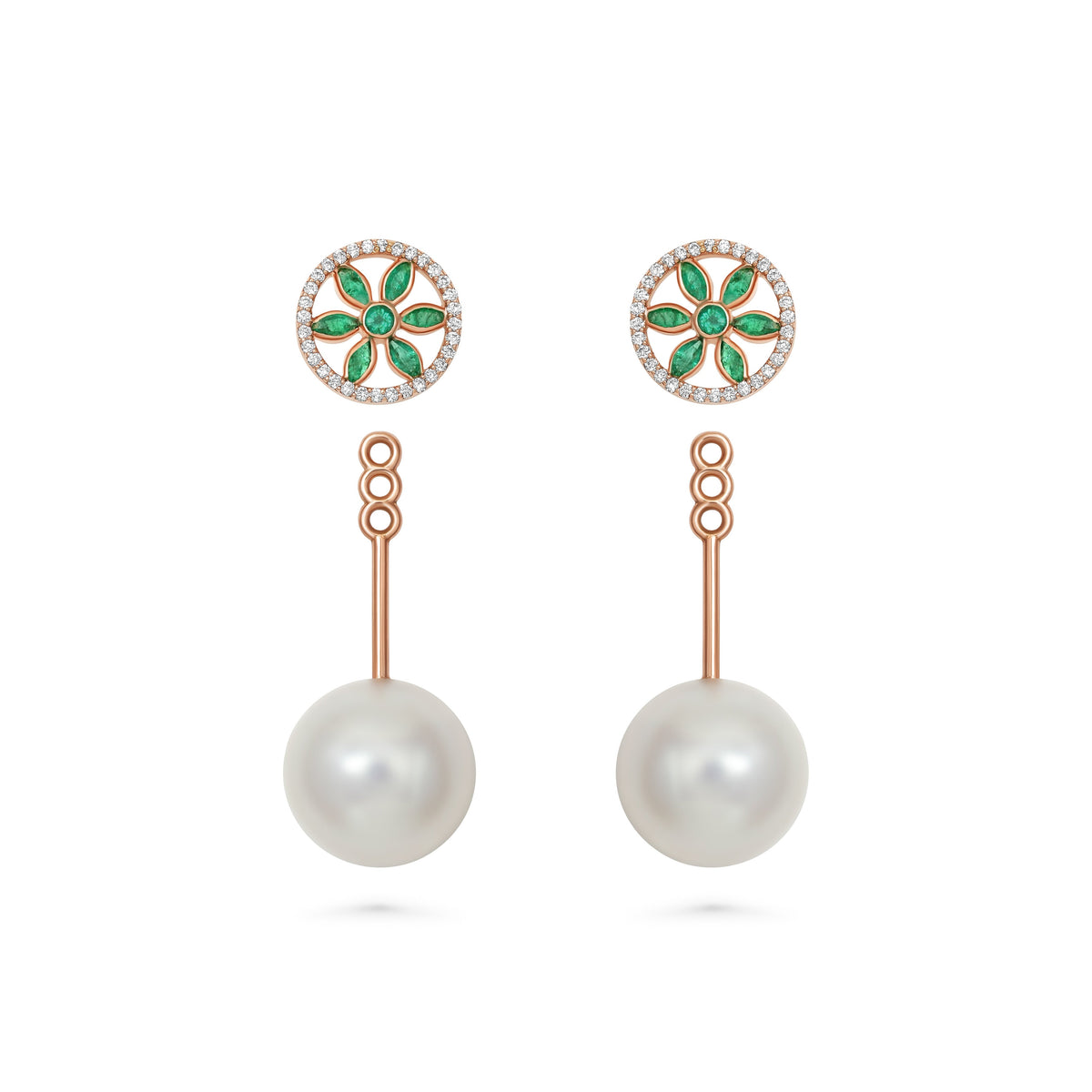 18k rose gold earrings with emeralds, diamonds, and pearls