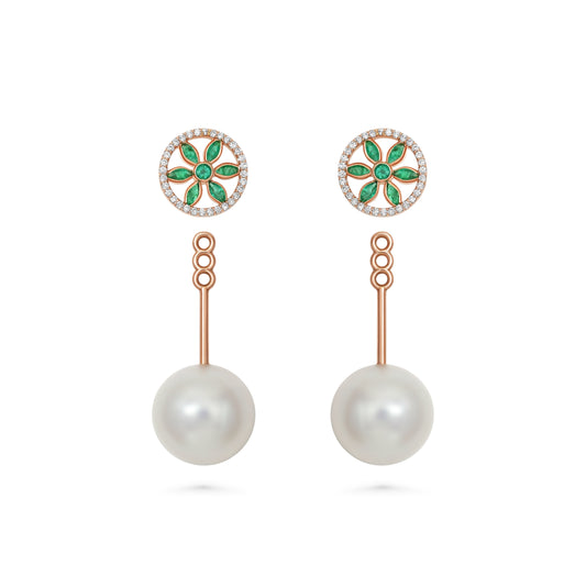 18k rose gold earrings with emeralds, diamonds, and pearls