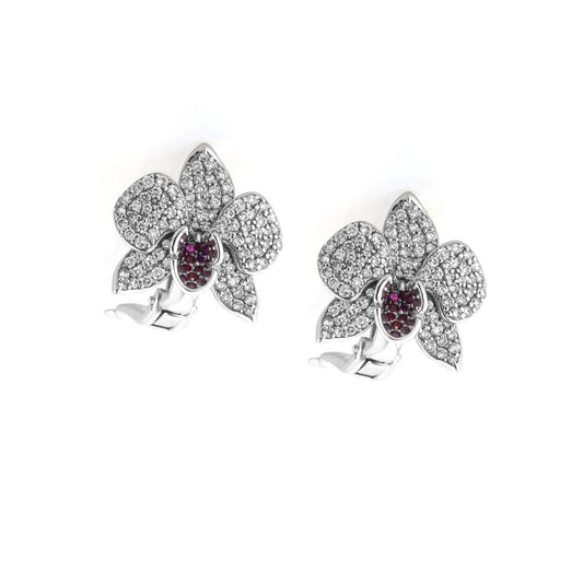 Ranimor Diamond Orchid Earrings in 18K white gold with natural diamonds and pink sapphires on white background