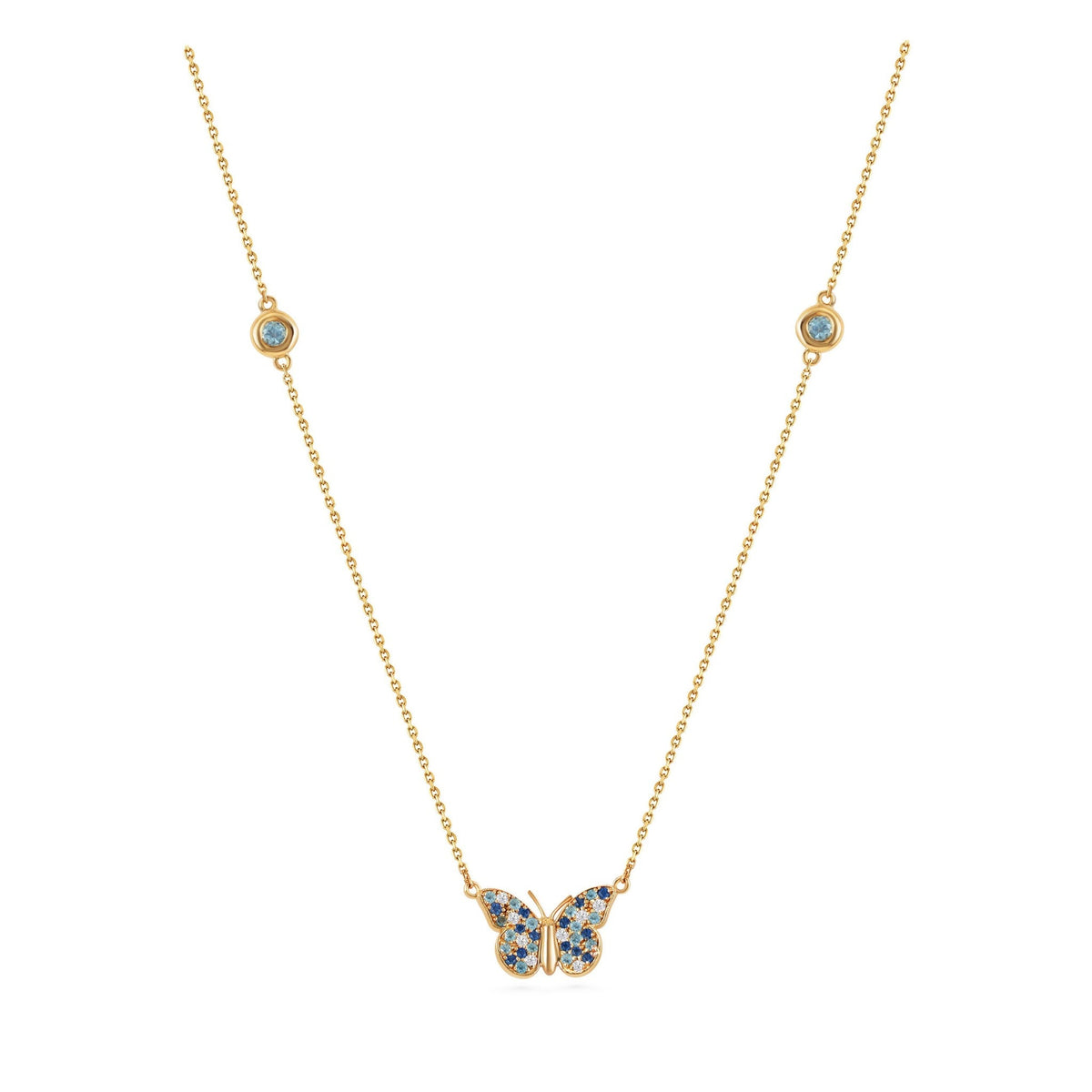By2wenty5 Large Butterfly Necklace in 18K yellow gold with aquamarine, blue sapphire and diamonds