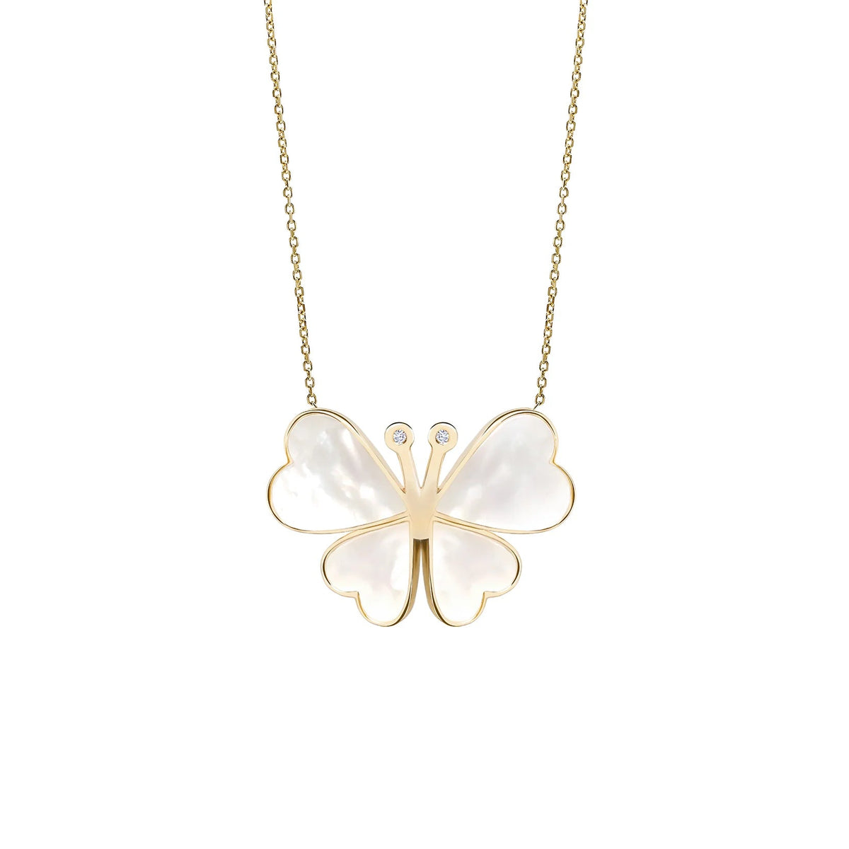 Butterfly-shaped pendant necklace with gold frame and white stones on a white background