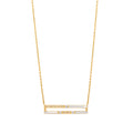 Gold necklace with a rectangular pendant on a white background