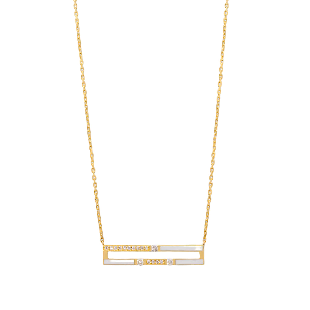 Gold necklace with a rectangular pendant on a white background
