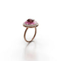 18k rose gold ring with rubellite, diamond halo, and burgundy enamel