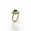 18k yellow gold ring with verdelite, diamond halo, and green enamel