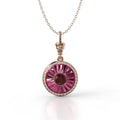18k rose gold pendant with rubellite, diamond halo, and burgundy enamel