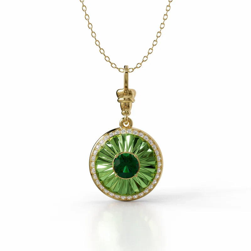 18k yellow gold pendant with verdelite, diamond halo, and green enamel