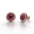 18k rose gold earrings with rubellite, diamond halo, and burgundy enamel