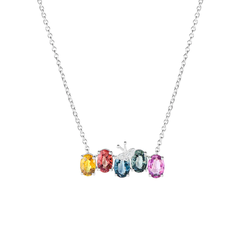 Necklace with multicolored gemstones on a white background