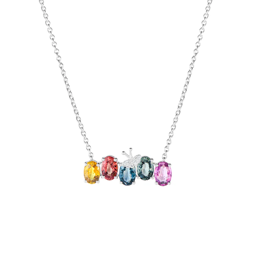 Necklace with multicolored gemstones on a white background