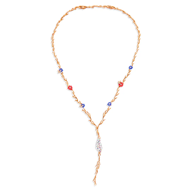 Gold necklace with colorful beads on a white background