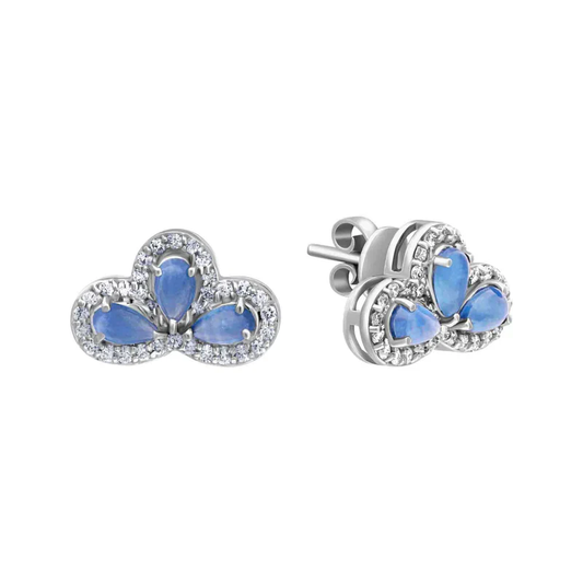 18k white gold teardrop earrings with blue sapphires and diamond halos