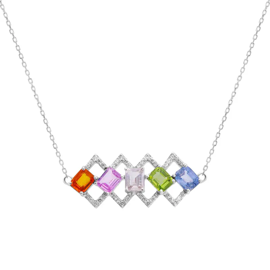 18k white gold necklace with sapphires in geometric cage frames and diamonds