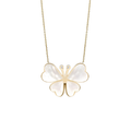 Butterfly-shaped pendant necklace with gold frame and white stones on a white background