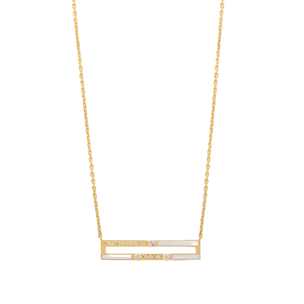 Gold necklace with a rectangular pendant on a white background