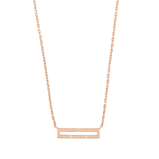 Rose gold necklace with a horizontal bar pendant on a white background