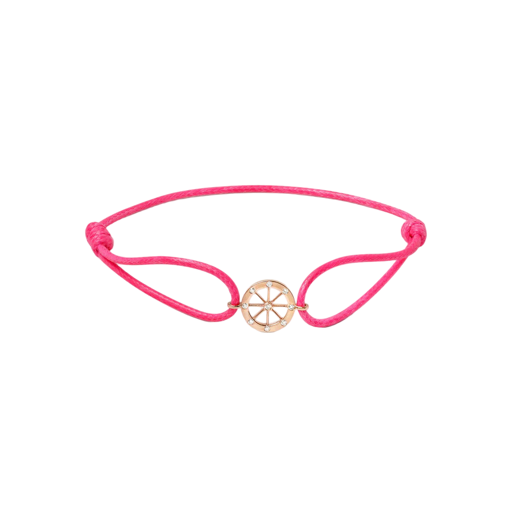 Pink bracelet with a gold charm on a white background
