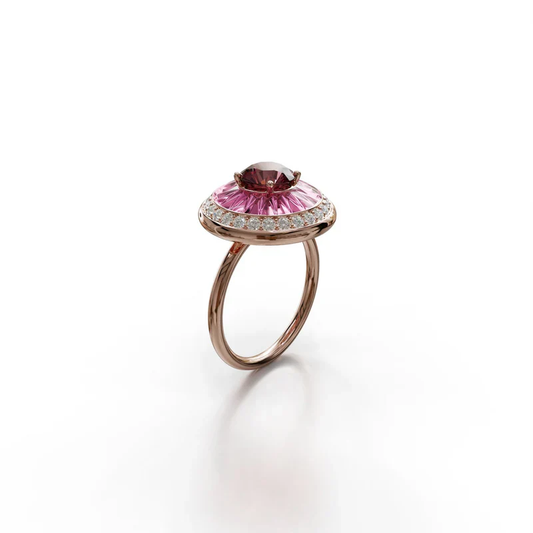 18k rose gold ring with rubellite, diamond halo, and burgundy enamel