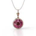 18k rose gold pendant with rubellite, diamond halo, and burgundy enamel