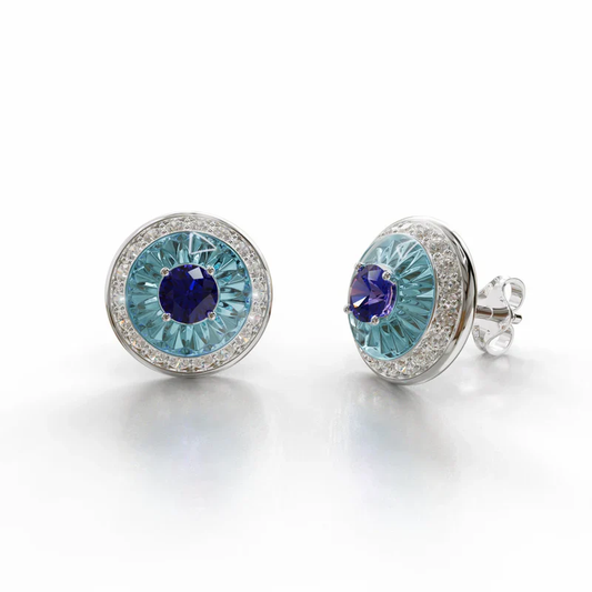 18k white gold earrings with tanzanite, diamond halo, and sky blue enamel