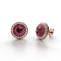 18k rose gold earrings with rubellite, diamond halo, and burgundy enamel