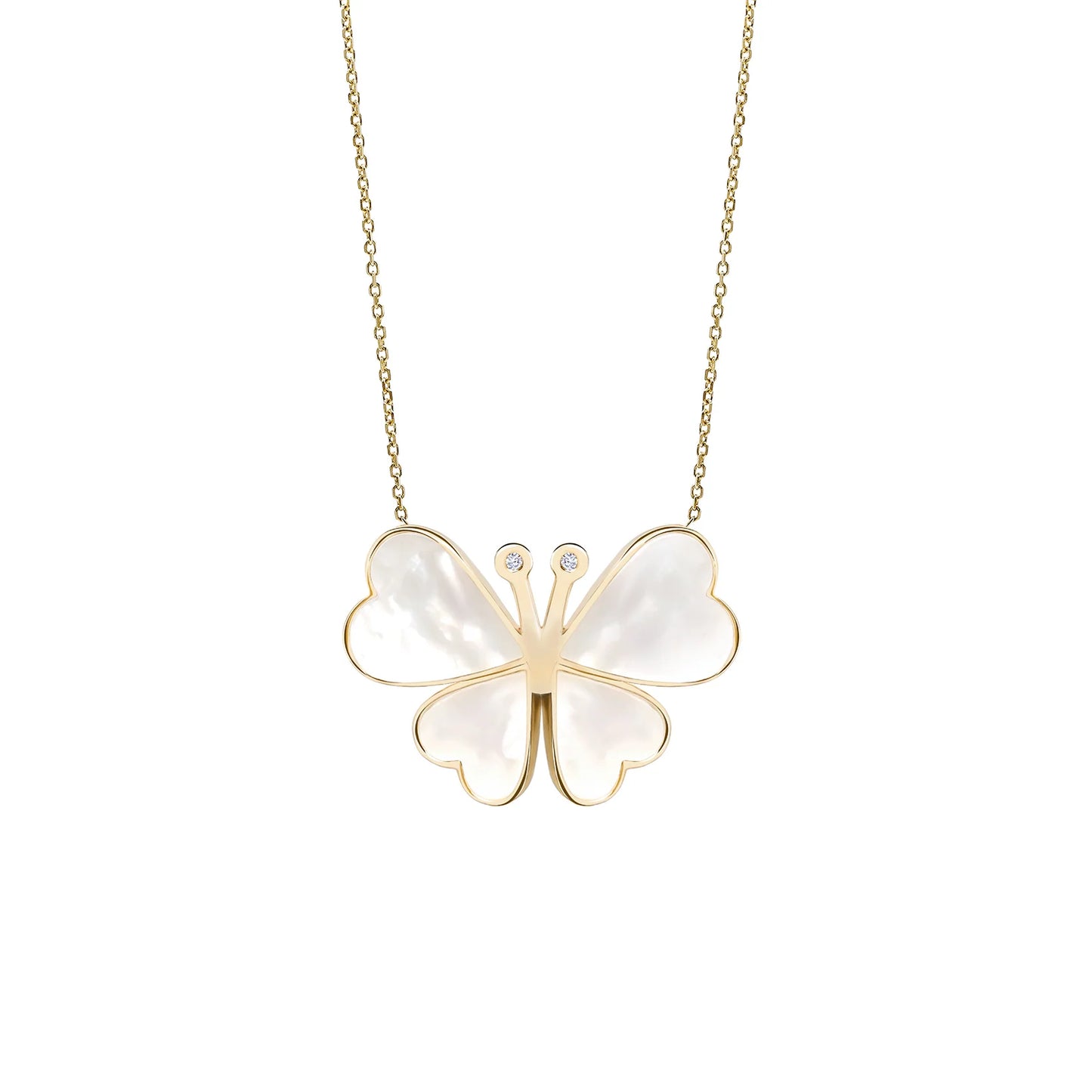 Butterfly-shaped pendant necklace with gold frame and white stones on a white background