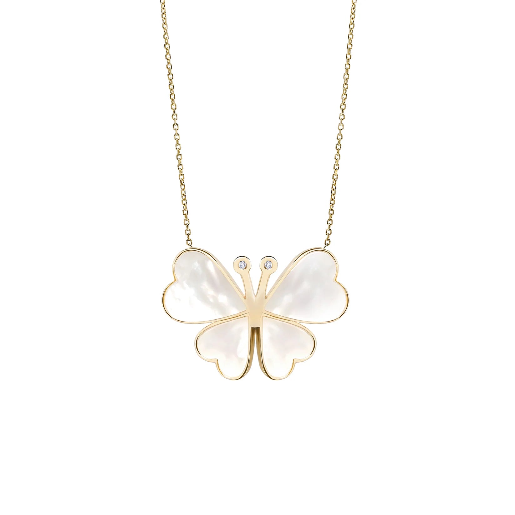Butterfly-shaped pendant necklace with gold frame and white stones on a white background