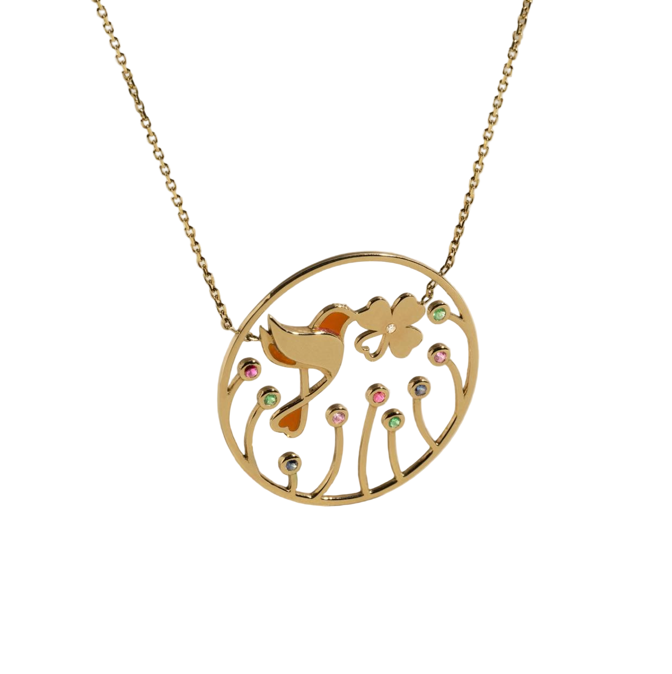 Gold necklace with a bird and flower 
