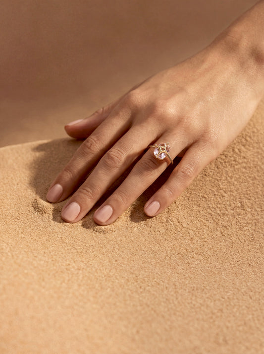 Nur Tesra Morganite Ring in 18k yellow gold worn on the hand