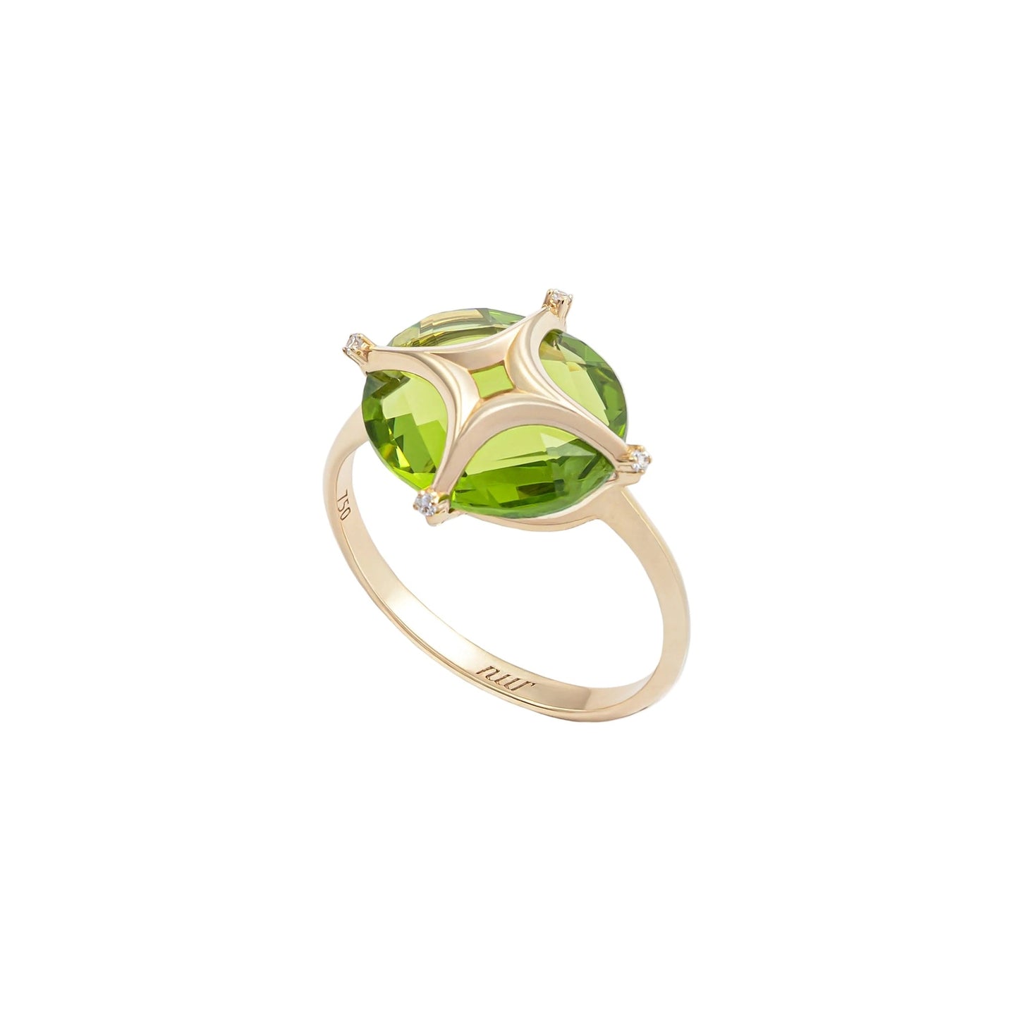 Nur Tesra Peridot Ring in 18k yellow gold on white background