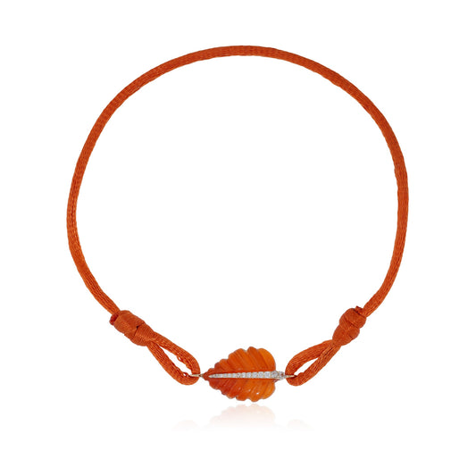 Ranimor Autumn Leaf Cord Bracelet in 18K yellow gold with garnet textile cord and diamonds, full product on white background