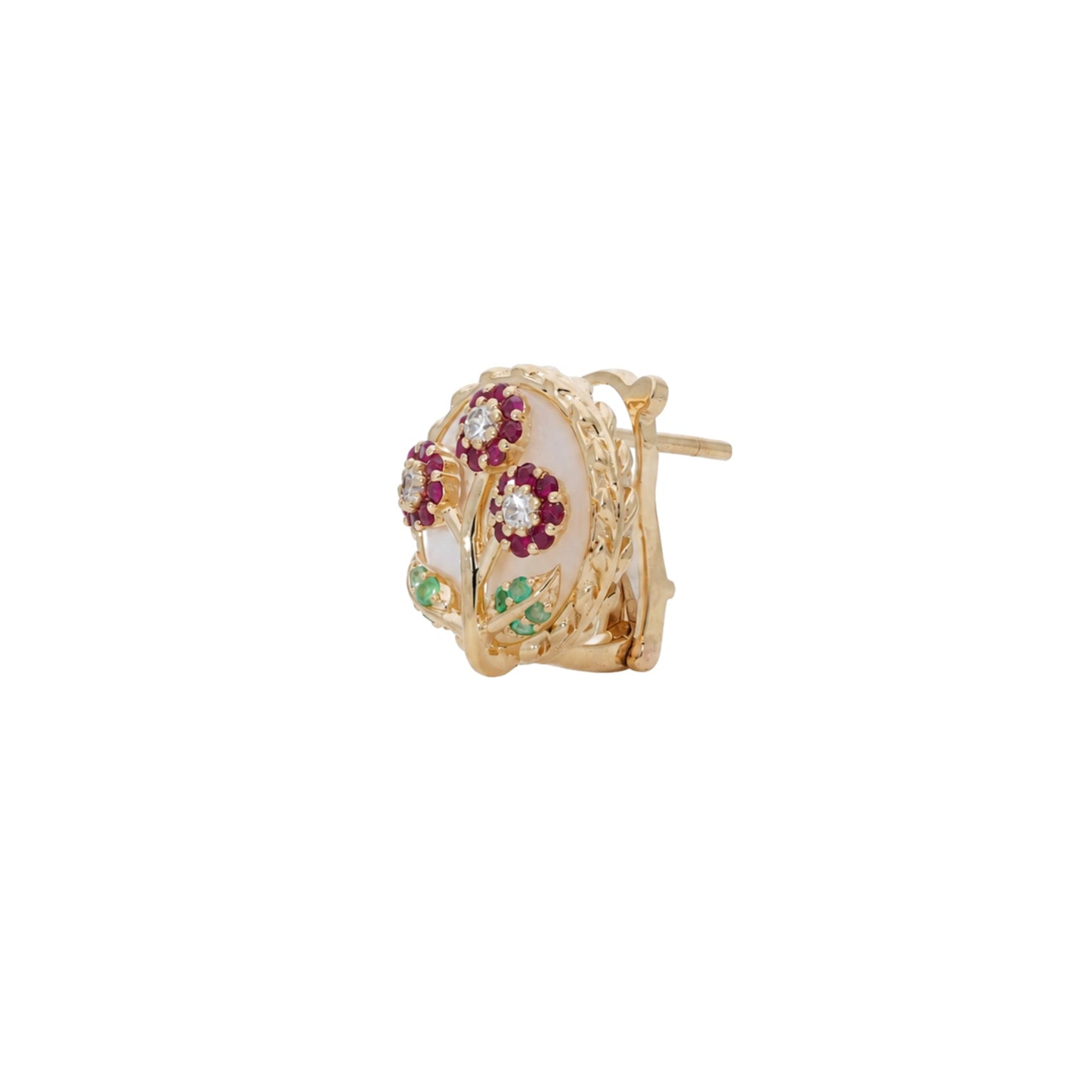 Ranimor Blossom Earring in 18K yellow gold with natural gemstones, centered on pure white background