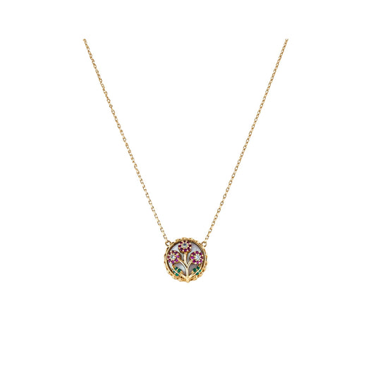 Ranimor Blossom Necklace in 18K yellow gold with natural gemstones, centered on pure white background