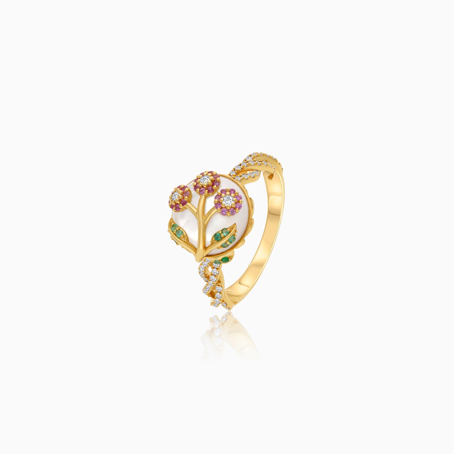 Ranimor Blossom Ring in 18K yellow gold with natural mother of pearl, pink sapphires, emeralds and diamonds