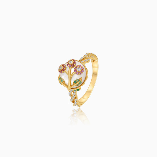 Ranimor Blossom Ring in 18K yellow gold with natural mother of pearl, pink sapphires, emeralds and diamonds