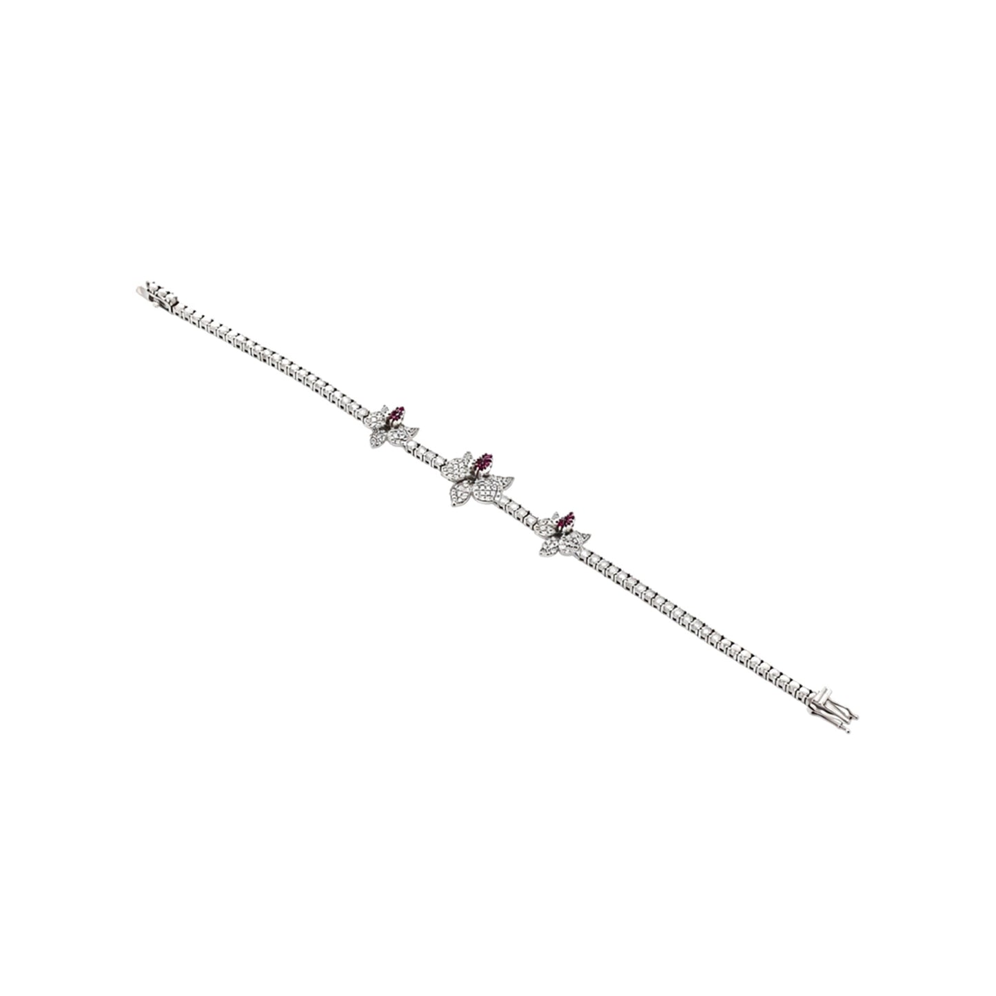 Ranimor Diamond Orchid Bracelet in 18K white gold with diamonds and pink sapphires, centered on pure white background