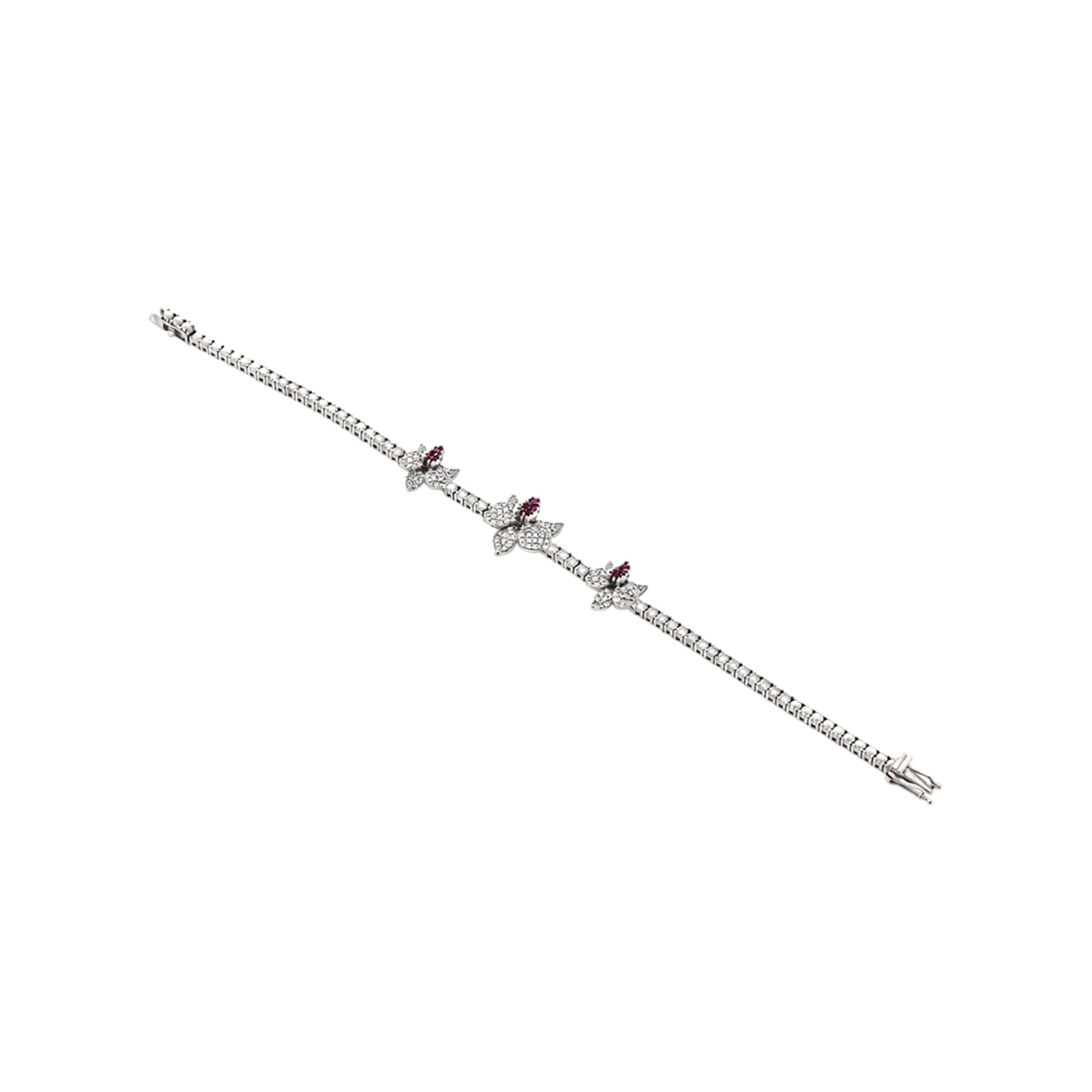 Ranimor Diamond Orchid Bracelet in 18K white gold with diamonds and pink sapphires, centered on pure white background