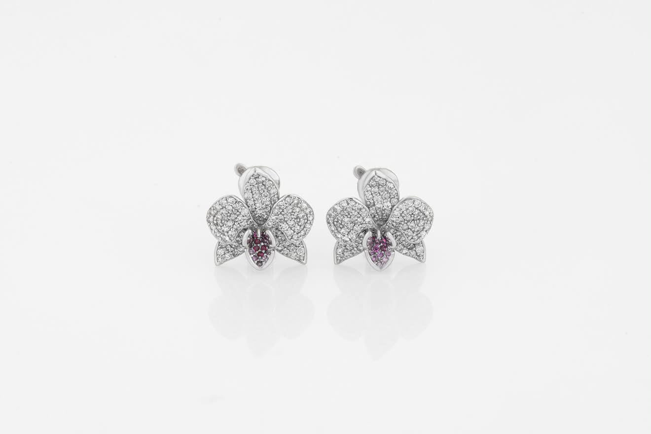 Ranimor Diamond Orchid Earrings in 18K white gold, front view