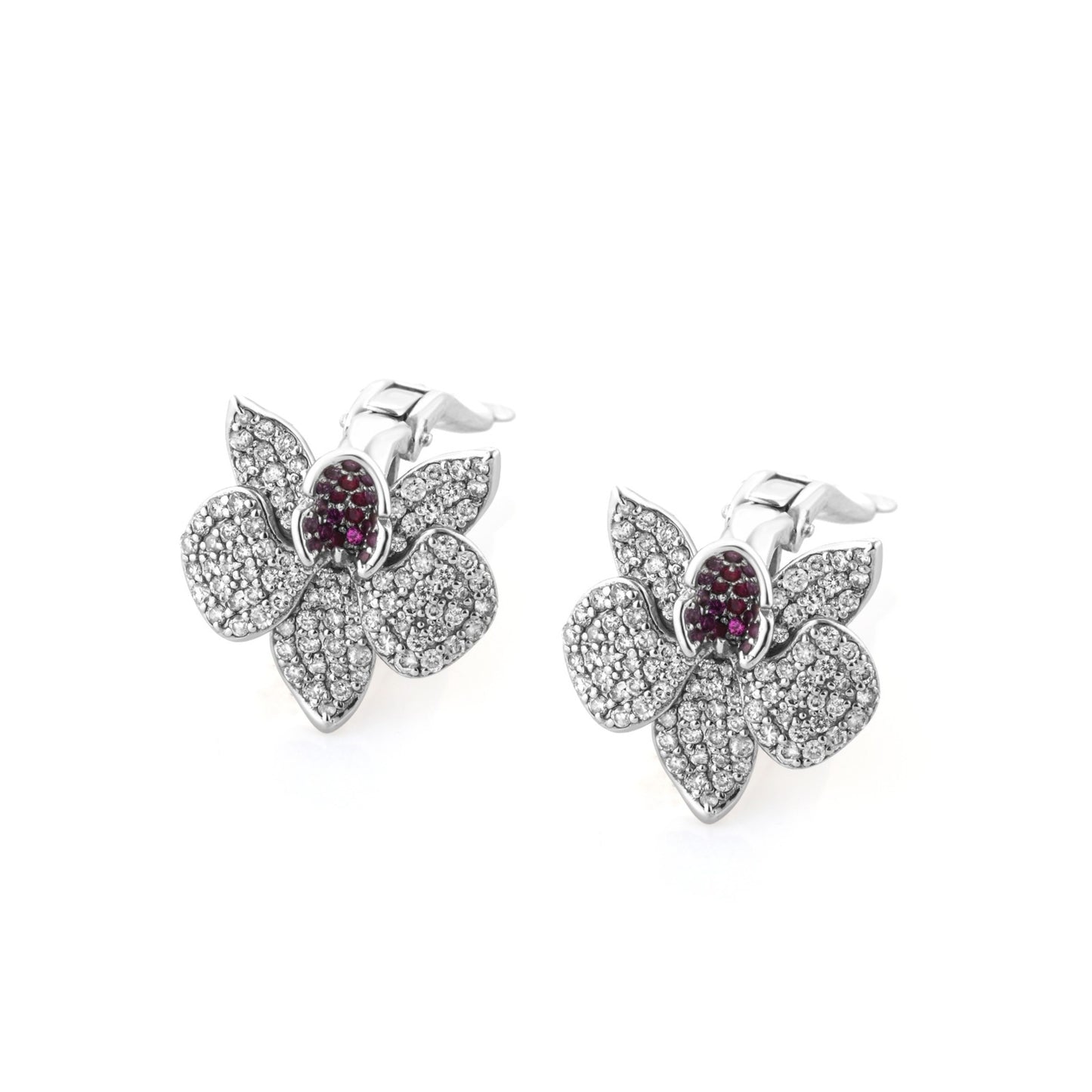 Ranimor Diamond Orchid Earrings in 18K white gold with natural diamonds and pink sapphires on white background