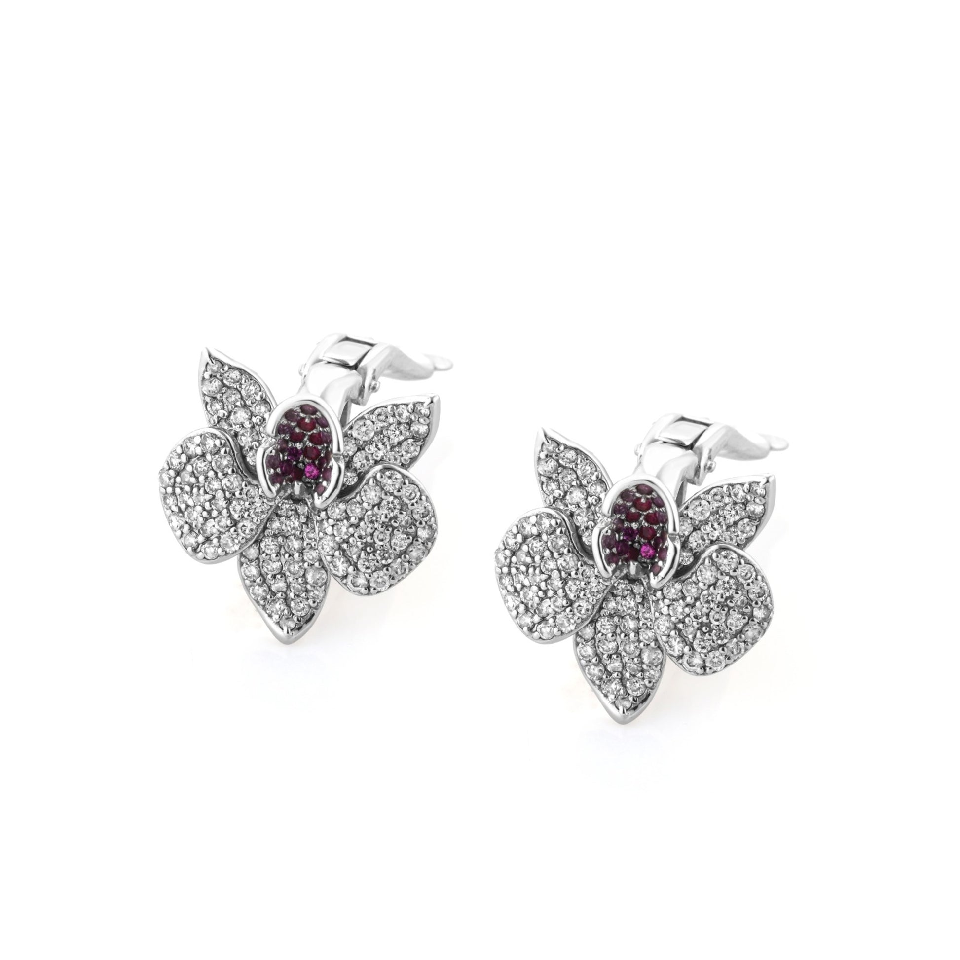 Ranimor Diamond Orchid Earrings in 18K white gold with natural diamonds and pink sapphires on white background