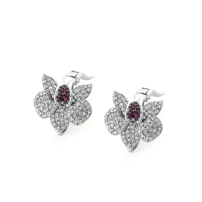 Ranimor Diamond Orchid Earrings in 18K white gold with natural diamonds and pink sapphires on white background