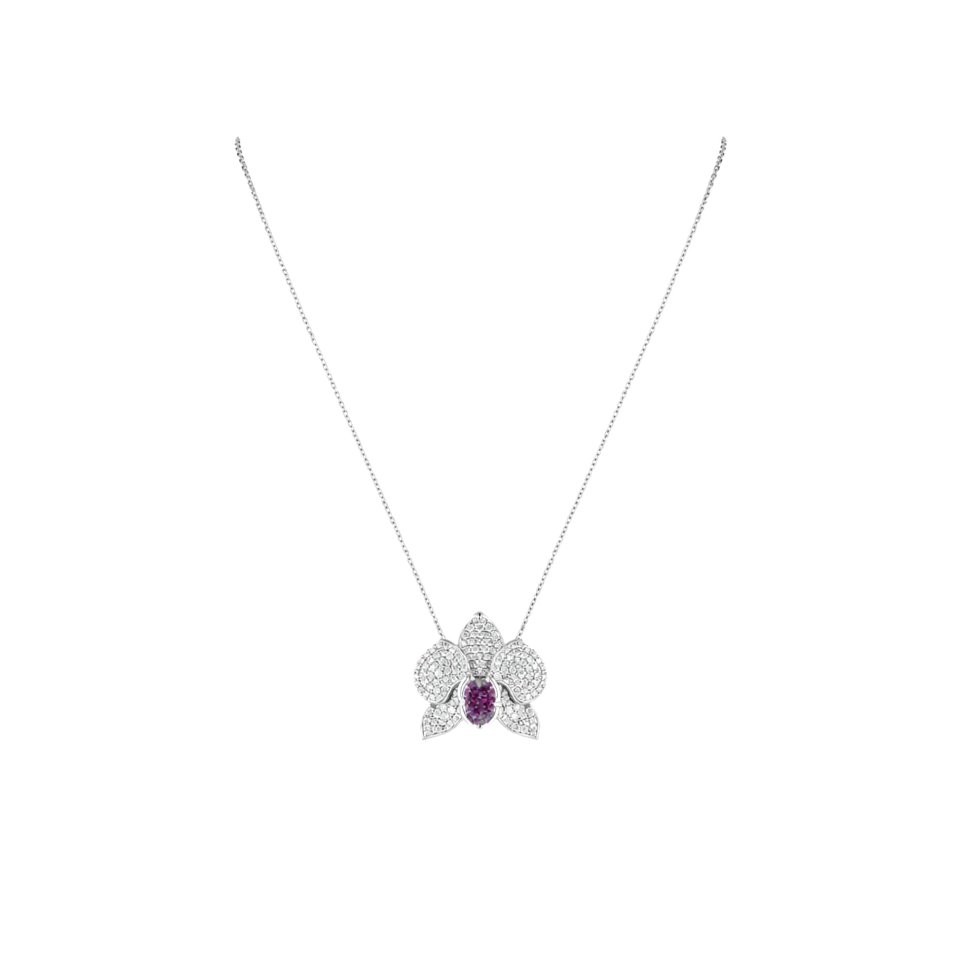 Ranimor Diamond Orchid Necklace in 18K white gold with diamonds and pink sapphire, centered on pure white background