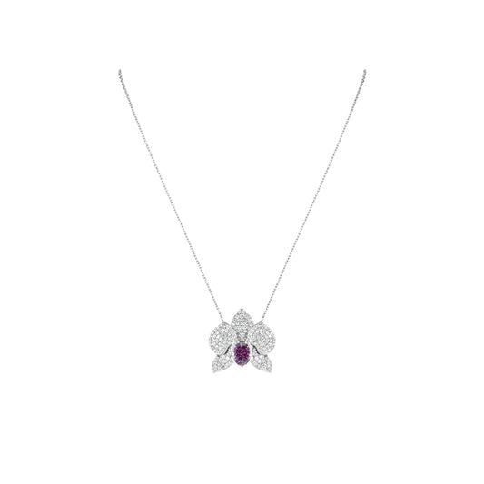Ranimor Diamond Orchid Necklace in 18K white gold with diamonds and pink sapphire, centered on pure white background