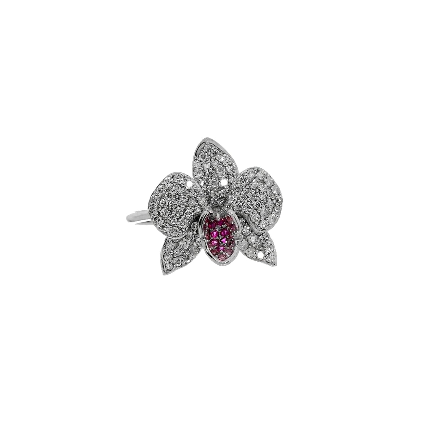 Ranimor Diamond Orchid Ring in 18K white gold with diamonds and pink sapphire, precisely centered on pure white background