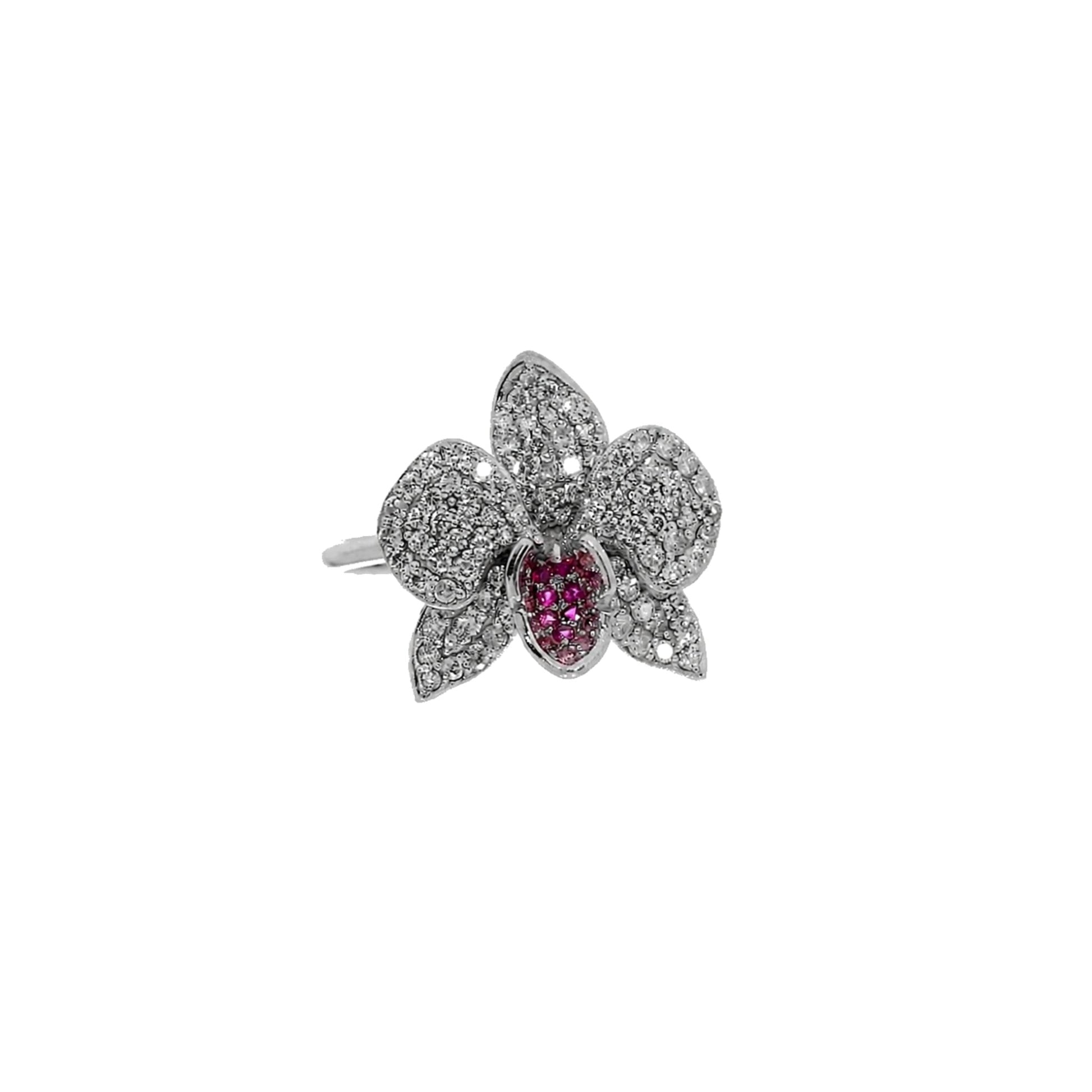 Ranimor Diamond Orchid Ring in 18K white gold with diamonds and pink sapphire, precisely centered on pure white background