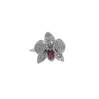 Ranimor Diamond Orchid Ring in 18K white gold with diamonds and pink sapphire, precisely centered on pure white background