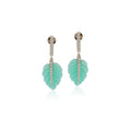 Ranimor Evergreen Leaf Earrings in 18K yellow gold with natural green onyx and diamonds on white background