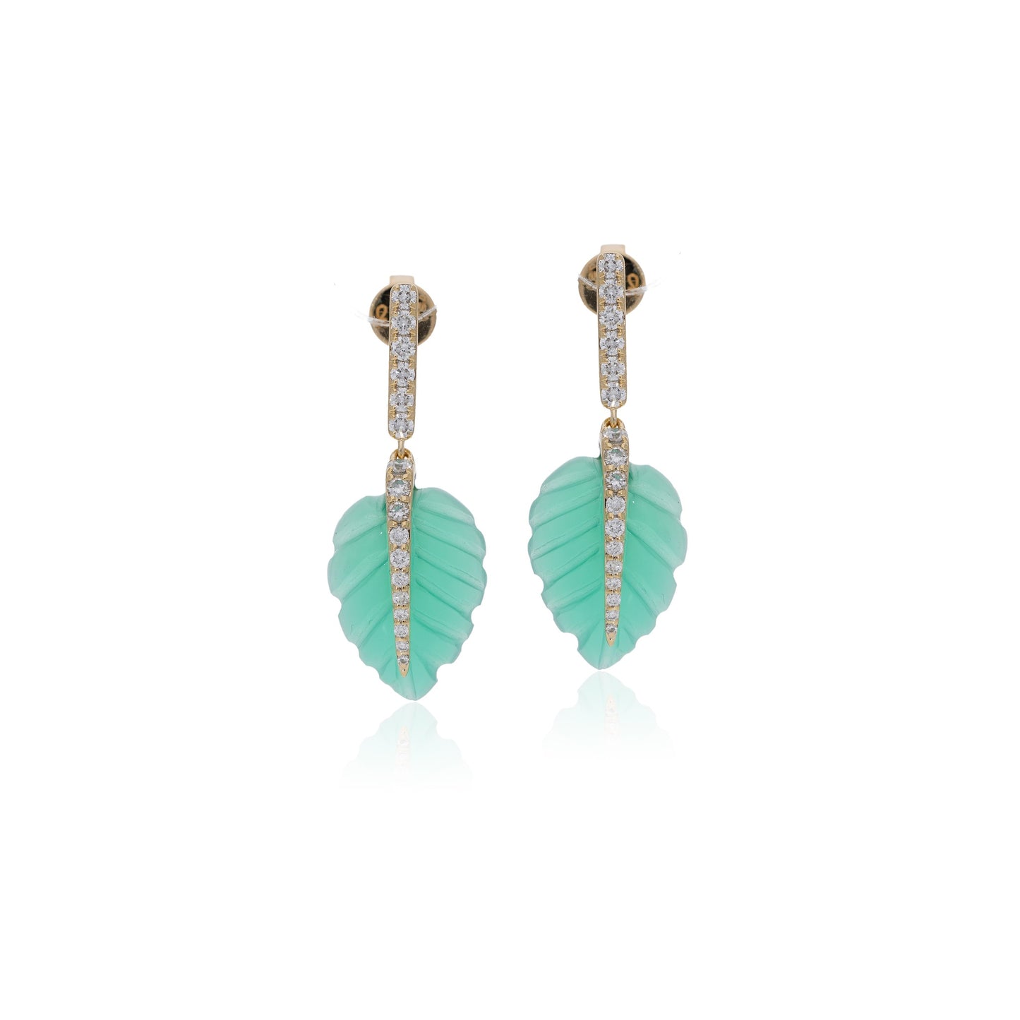 Ranimor Evergreen Leaf Earrings in 18K yellow gold with natural green onyx and diamonds on white background