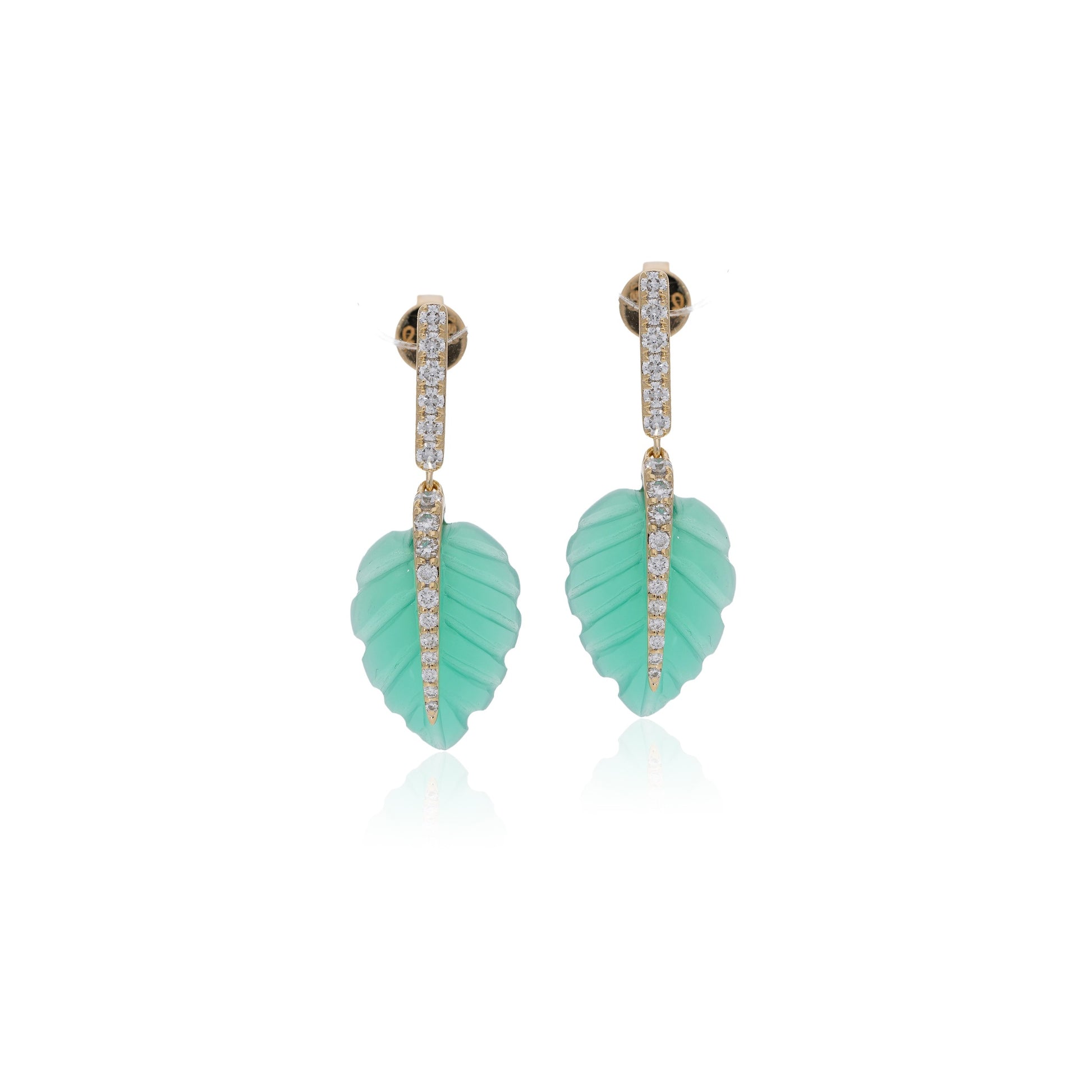 Ranimor Evergreen Leaf Earrings in 18K yellow gold with natural green onyx and diamonds on white background